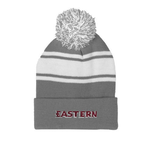  Grey/White Two Tone Knit Pom Beanie w/Cuff - Eastern Wordmark