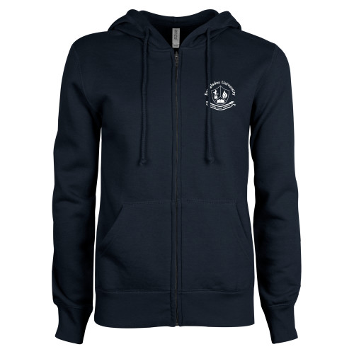  ENZA Womens Navy Fleece Full Zip Hoodie - Everglades University Seal® Trademark