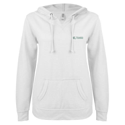  ENZA Womens White V Notch Raw Edge Fleece Hoodie - Egret Everglades University® Horizontal Trademark