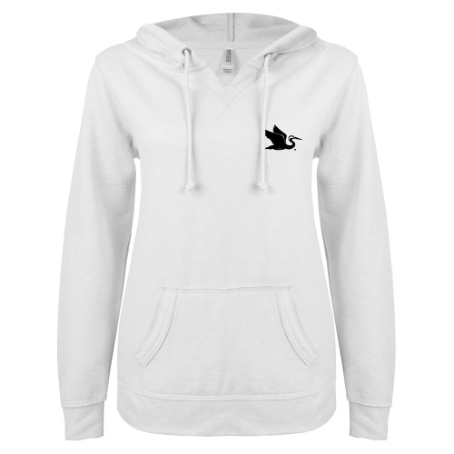 ENZA Womens White V Notch Raw Edge Fleece Hoodie - Everglades University Egret® Mascot Trademark