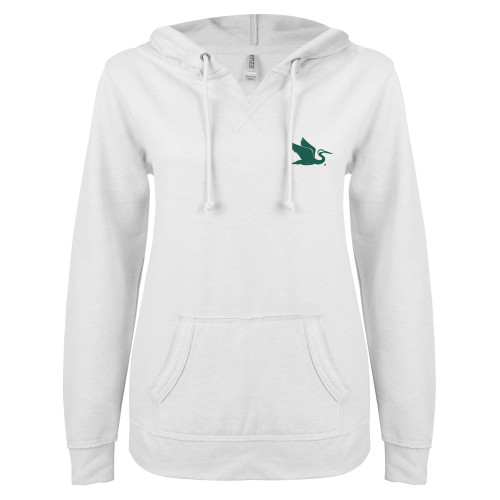 ENZA Womens White V Notch Raw Edge Fleece Hoodie - Everglades University Egret® Mascot Trademark