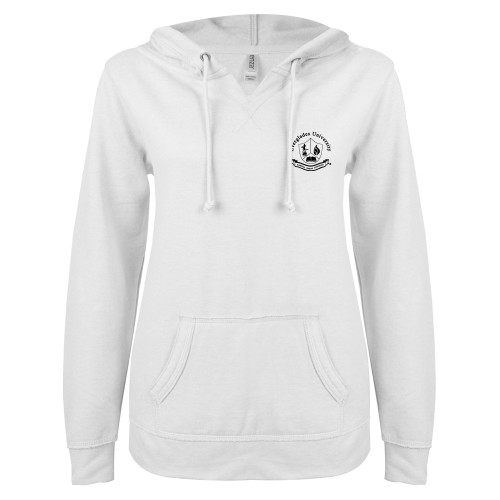  ENZA Womens White V Notch Raw Edge Fleece Hoodie - Everglades University Seal® Trademark
