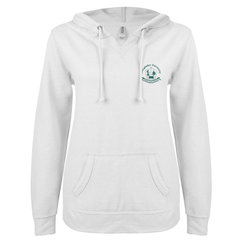  ENZA Womens White V Notch Raw Edge Fleece Hoodie - Everglades University Seal® Trademark