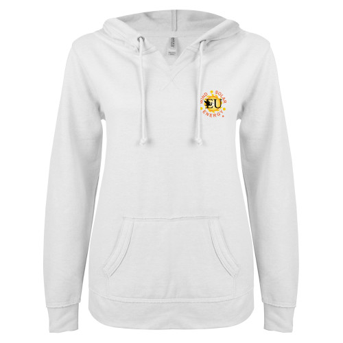  ENZA Womens White V Notch Raw Edge Fleece Hoodie - Wind Solar Energy® Trademark