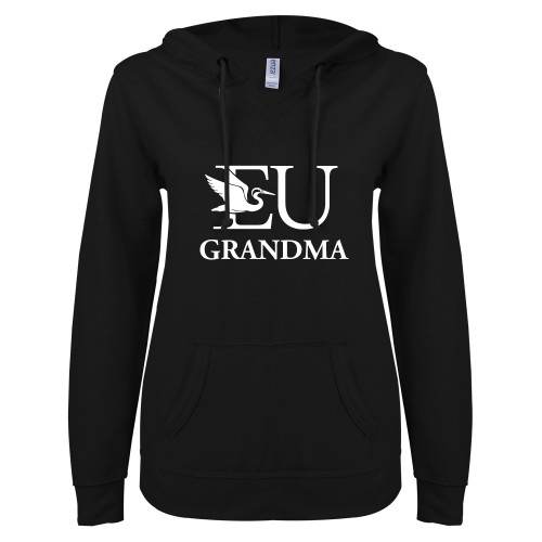  ENZA Womens Black V Notch Raw Edge Fleece Hoodie - Grandma