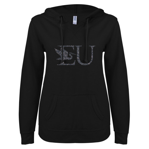  ENZA Womens Black V Notch Raw Edge Fleece Hoodie - F Graphite Soft Glitter