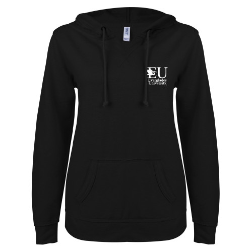  ENZA Womens Black V Notch Raw Edge Fleece Hoodie - EU W/ Egret Everglades University® Vertical Trademark Green