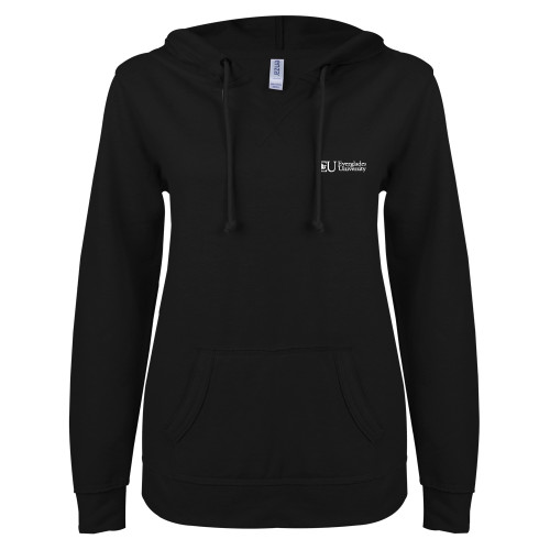  ENZA Womens Black V Notch Raw Edge Fleece Hoodie - Egret Everglades University® Horizontal Trademark