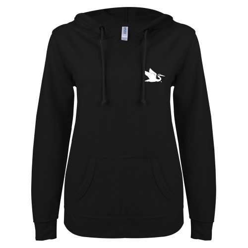  ENZA Womens Black V Notch Raw Edge Fleece Hoodie - Everglades University Egret® Mascot Trademark