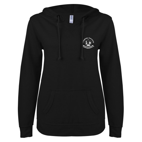  ENZA Womens Black V Notch Raw Edge Fleece Hoodie - Everglades University Seal® Trademark