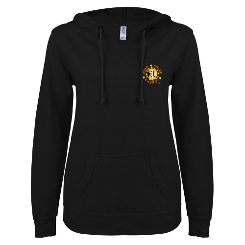  ENZA Womens Black V Notch Raw Edge Fleece Hoodie - Wind Solar Energy® Trademark