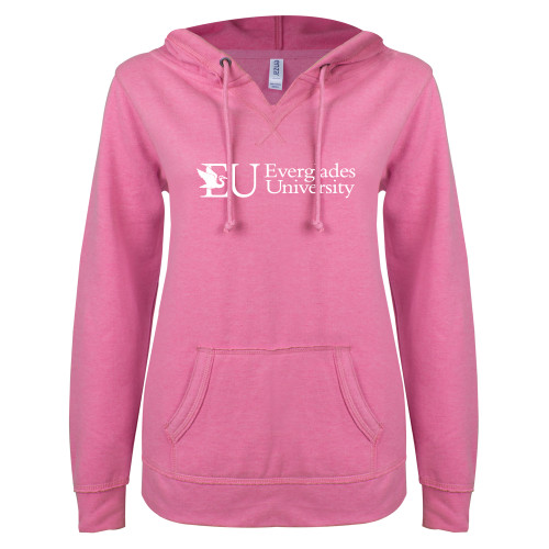  ENZA Womens Hot Pink V Notch Raw Edge Fleece Hoodie - Egret Everglades University® Horizontal Trademark