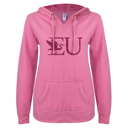  ENZA Womens Hot Pink V Notch Raw Edge Fleece Hoodie - M Hot Pink Glitter