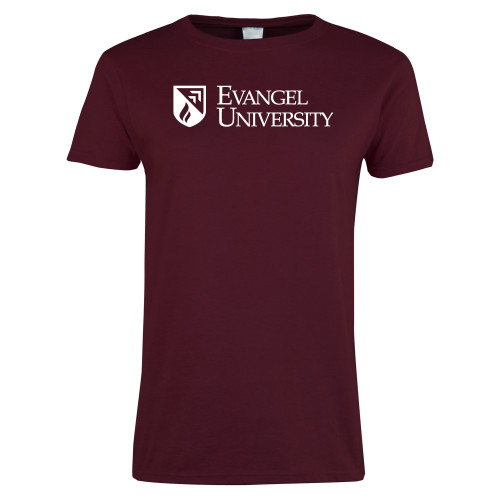 Womens Maroon Short Sleeve Tee - Evangel University with Shield
