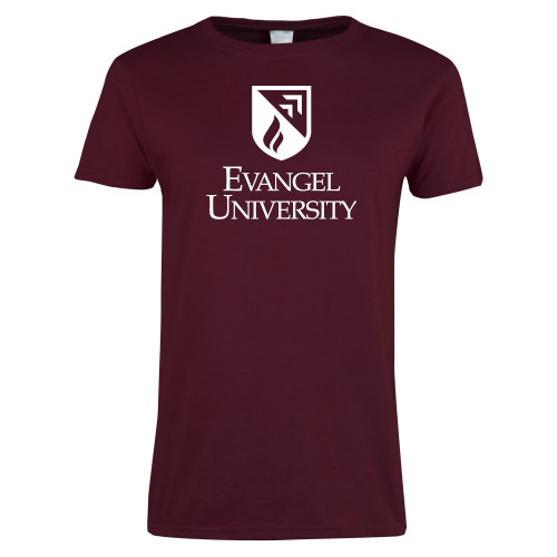  Womens Maroon Short Sleeve Tee - Evangel University with Shield Stack