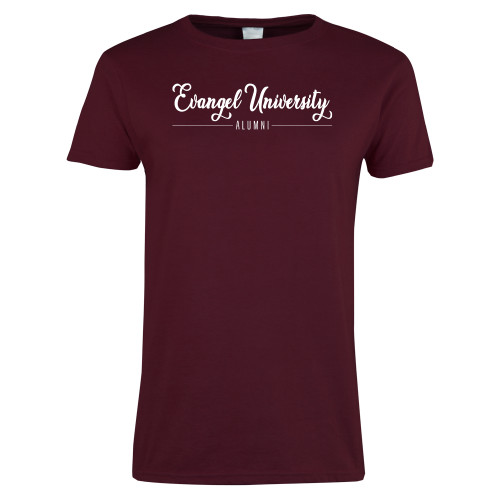  Womens Maroon Short Sleeve Tee - Evangel University Script Design