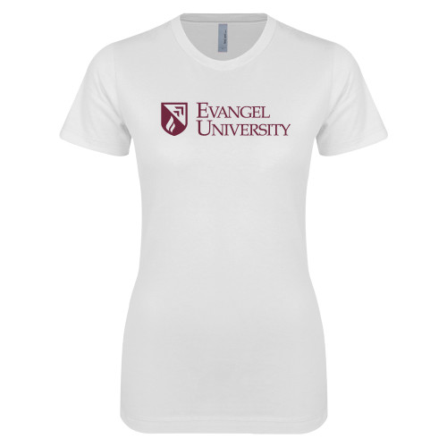  Next Level Womens White Boyfriend Tee - Evangel University with Shield