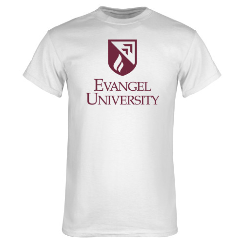 White T Shirt - Evangel University with Shield Stack