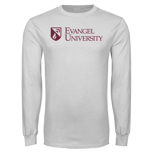  White Long Sleeve T Shirt - Evangel University with Shield