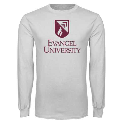  White Long Sleeve T Shirt - Evangel University with Shield Stack