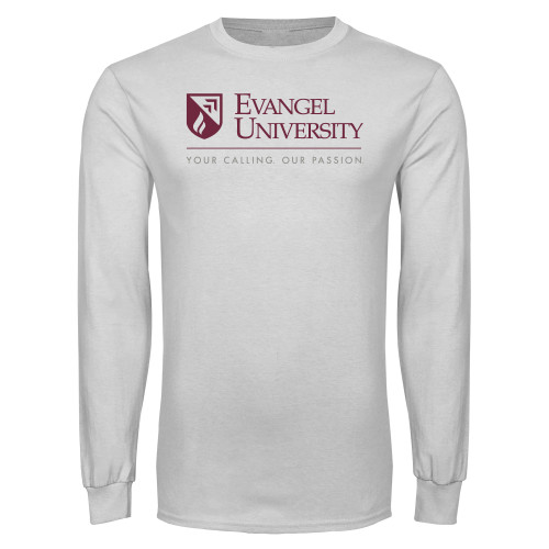  White Long Sleeve T Shirt - Evangel University with Tagline