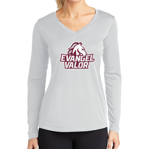 Womens White Performance Long Sleeve V Neck Shirt - Evangel Valor Horse Lockup