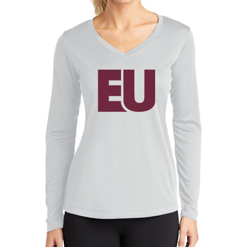  Womens White Performance Long Sleeve V Neck Shirt - EU