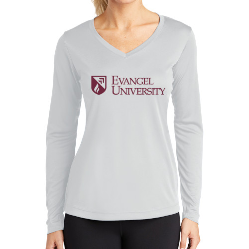  Womens White Performance Long Sleeve V Neck Shirt - Evangel University with Shield