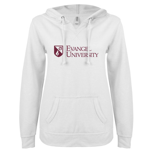  ENZA Womens White V Notch Raw Edge Fleece Hoodie - Evangel University with Shield