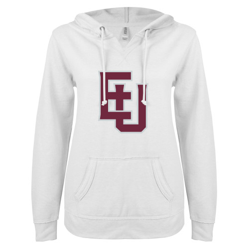  ENZA Womens White V Notch Raw Edge Fleece Hoodie - EU Lockup