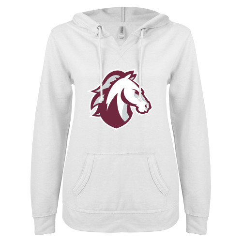  ENZA Womens White V Notch Raw Edge Fleece Hoodie - Evangel Valor Horse