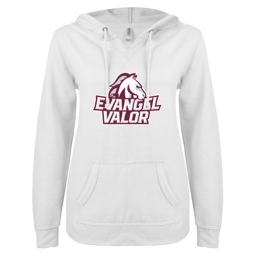  ENZA Womens White V Notch Raw Edge Fleece Hoodie - Evangel Valor Horse Lockup