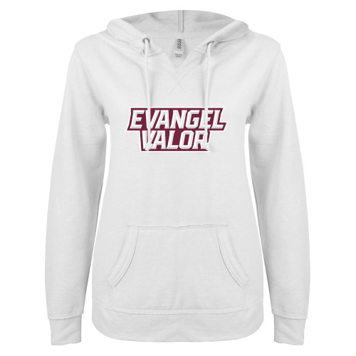  ENZA Womens White V Notch Raw Edge Fleece Hoodie - Evangel Valor