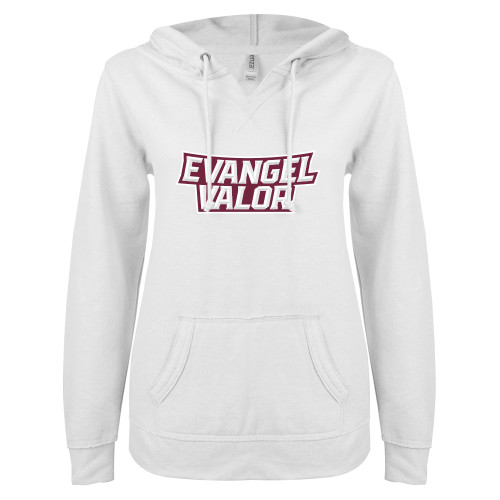 ENZA Womens White V Notch Raw Edge Fleece Hoodie - Evangel Valor Arch