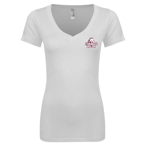  Next Level Womens White Ideal V Tee - Evangel Valor Horse Lockup