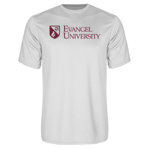  White Performance Tee - Evangel University with Shield
