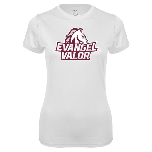  Womens White Performance Tee - Evangel Valor Horse Lockup