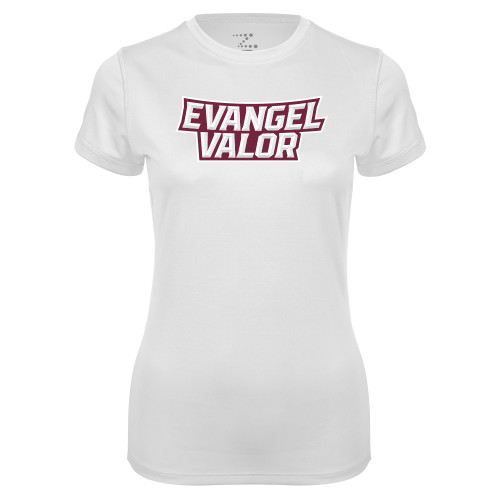  Womens White Performance Tee - Evangel Valor Arch