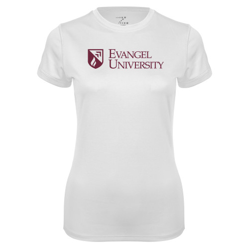  Womens White Performance Tee - Evangel University with Shield
