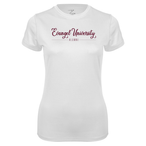  Womens White Performance Tee - Evangel University Script Design