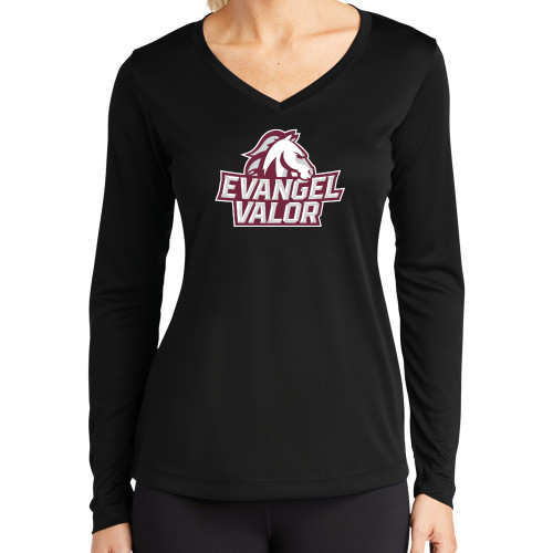  Womens Black Performance Long Sleeve V Neck Shirt - Evangel Valor Horse Lockup