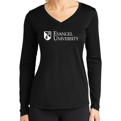  Womens Black Performance Long Sleeve V Neck Shirt - Evangel University with Shield