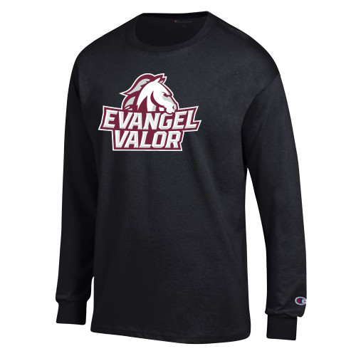  Champion Black Long Sleeve T Shirt - Evangel Valor Horse Lockup