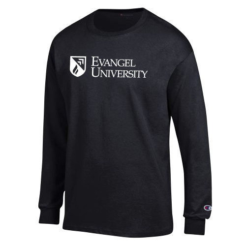  Champion Black Long Sleeve T Shirt - Evangel University with Shield