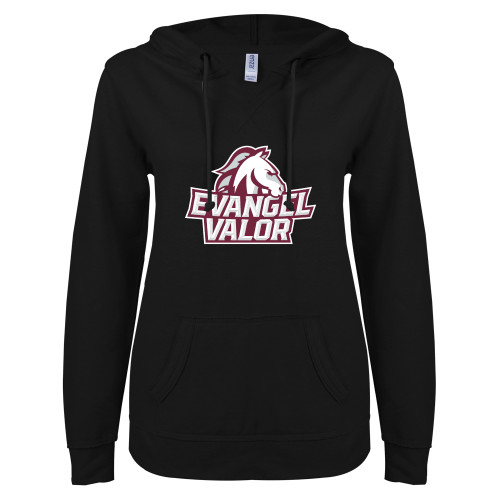  ENZA Womens Black V Notch Raw Edge Fleece Hoodie - Evangel Valor Horse Lockup