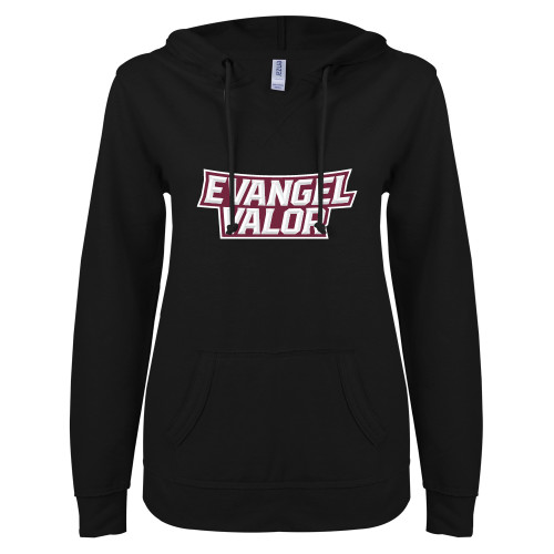 ENZA Womens Black V Notch Raw Edge Fleece Hoodie - Evangel Valor Arch