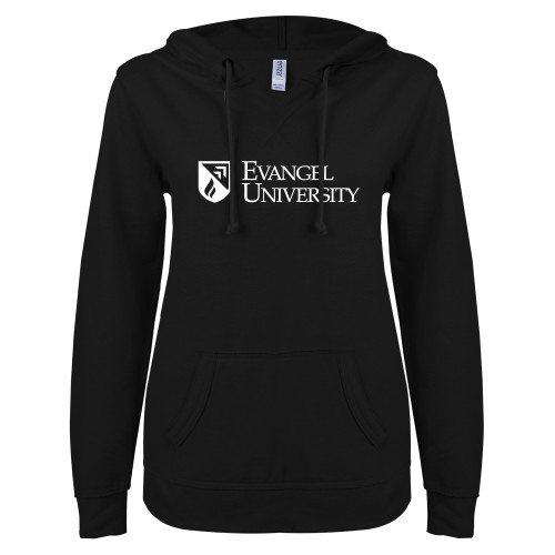  ENZA Womens Black V Notch Raw Edge Fleece Hoodie - Evangel University with Shield