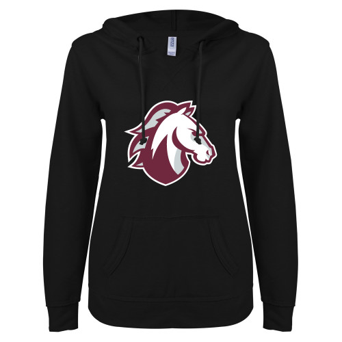  ENZA Womens Black V Notch Raw Edge Fleece Hoodie - Evangel Valor Horse