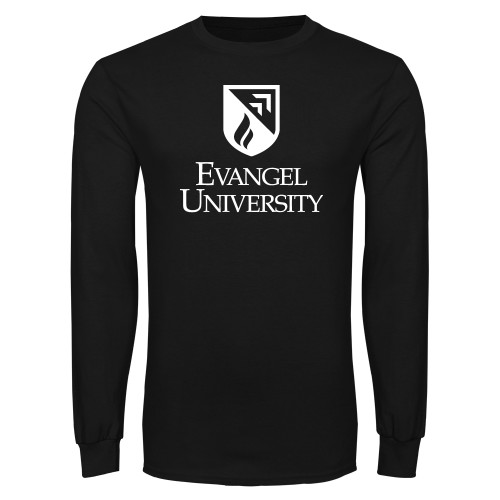  Black Long Sleeve T Shirt - Evangel University with Shield Stack