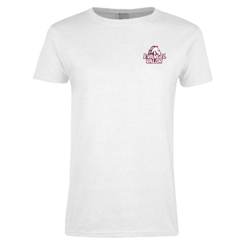  Womens White Short Sleeve Tee - Evangel Valor Horse Lockup